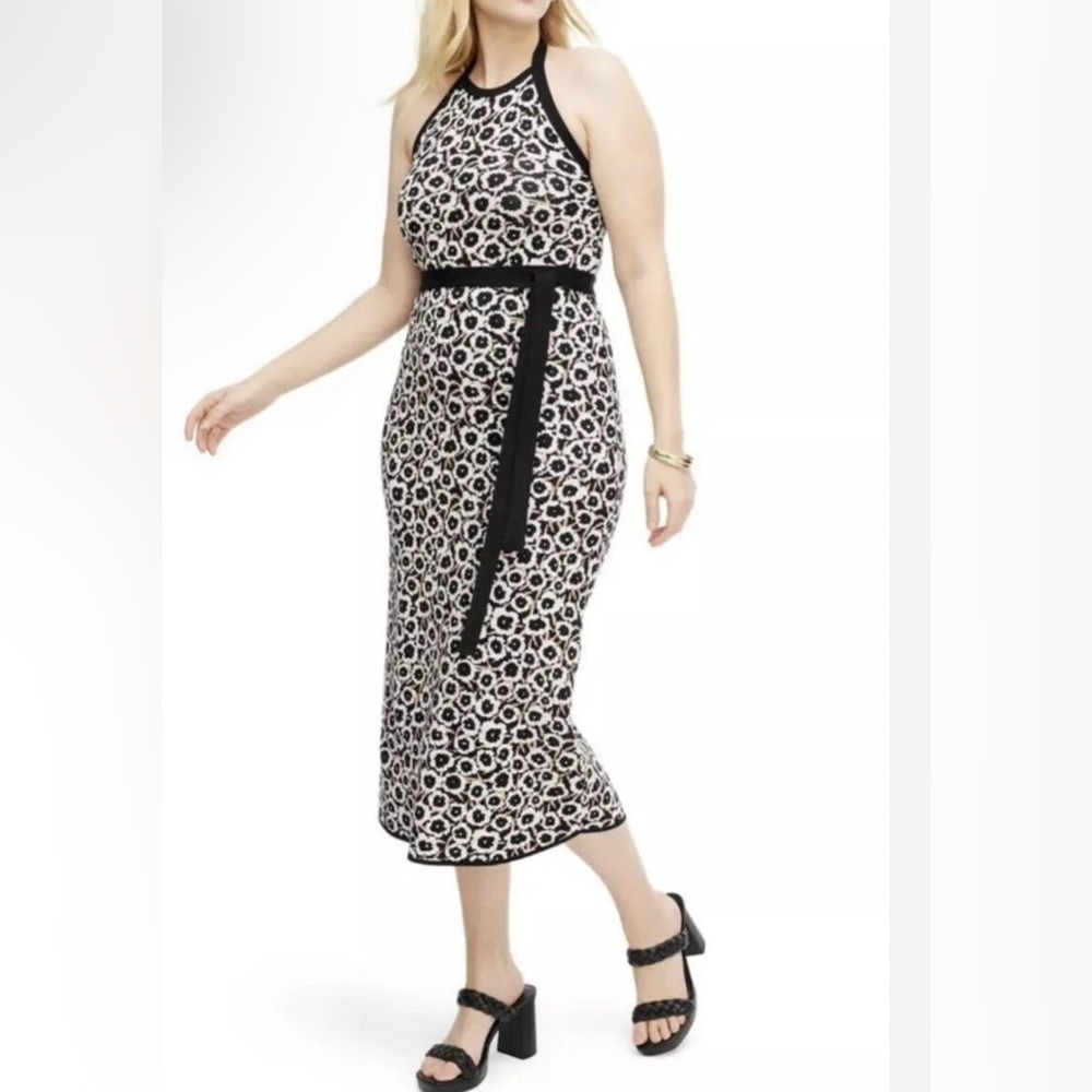 Diane von Furstenberg  Halter Poppy Midi‎ Dress Neutral Knit Tie Neck Size L NEW